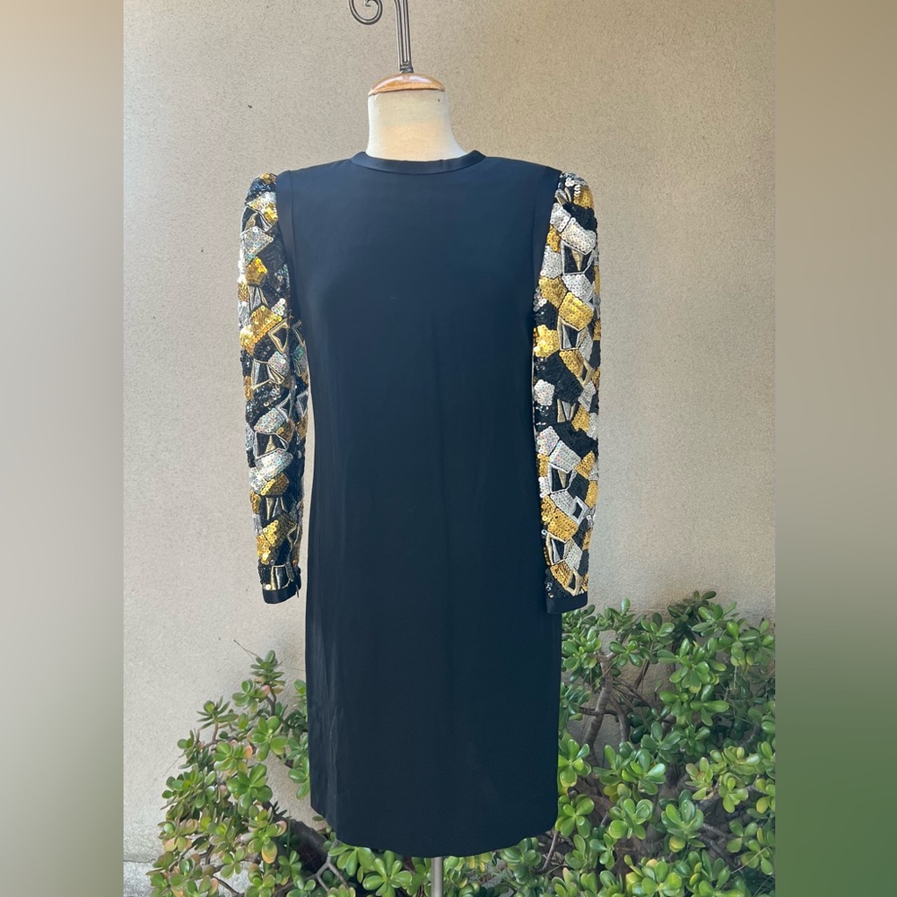 Vintage 80s cocktail dress short black crepe satin sequins sleeves S Helga